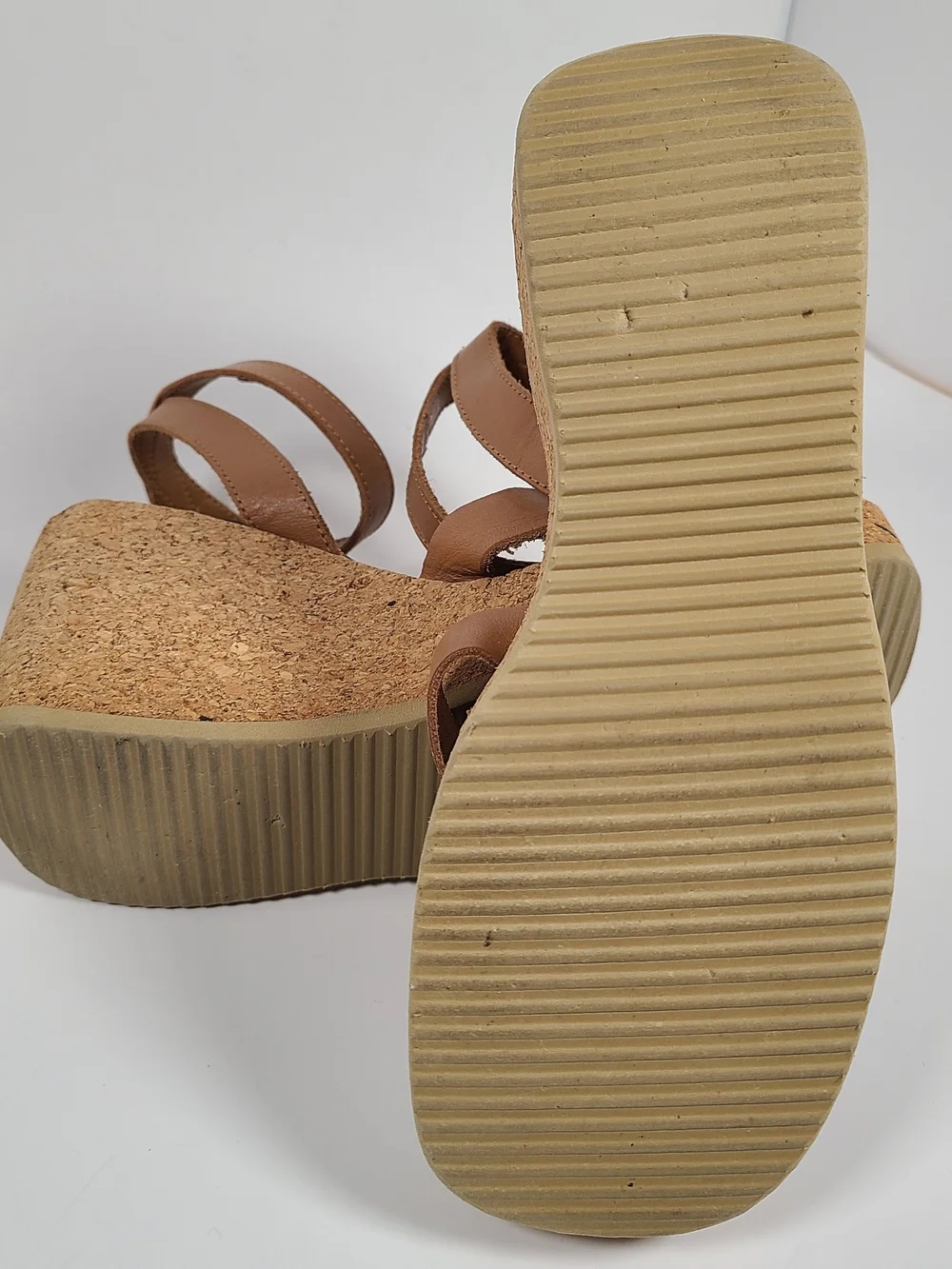 Vintage Zara Tan Leather Cork Platform Wedge Sandals Y2K Size 36